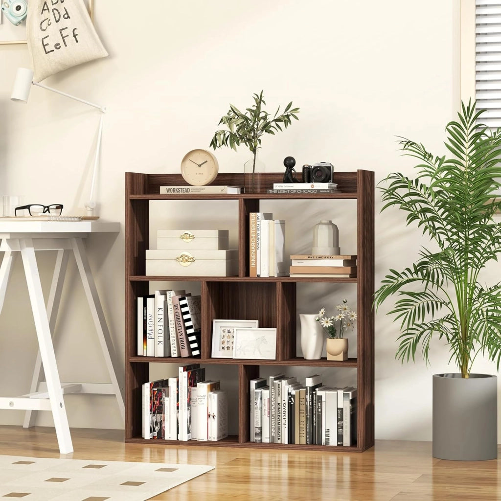 Libreria a Cubi con 7 Scomparti, Mensola Espositiva per l'Archiviazione, Libreria in Legno con Dispositivi Anti-Ribaltamento, per Studio Soggiorno, 80x20x90 cm (Marrone)