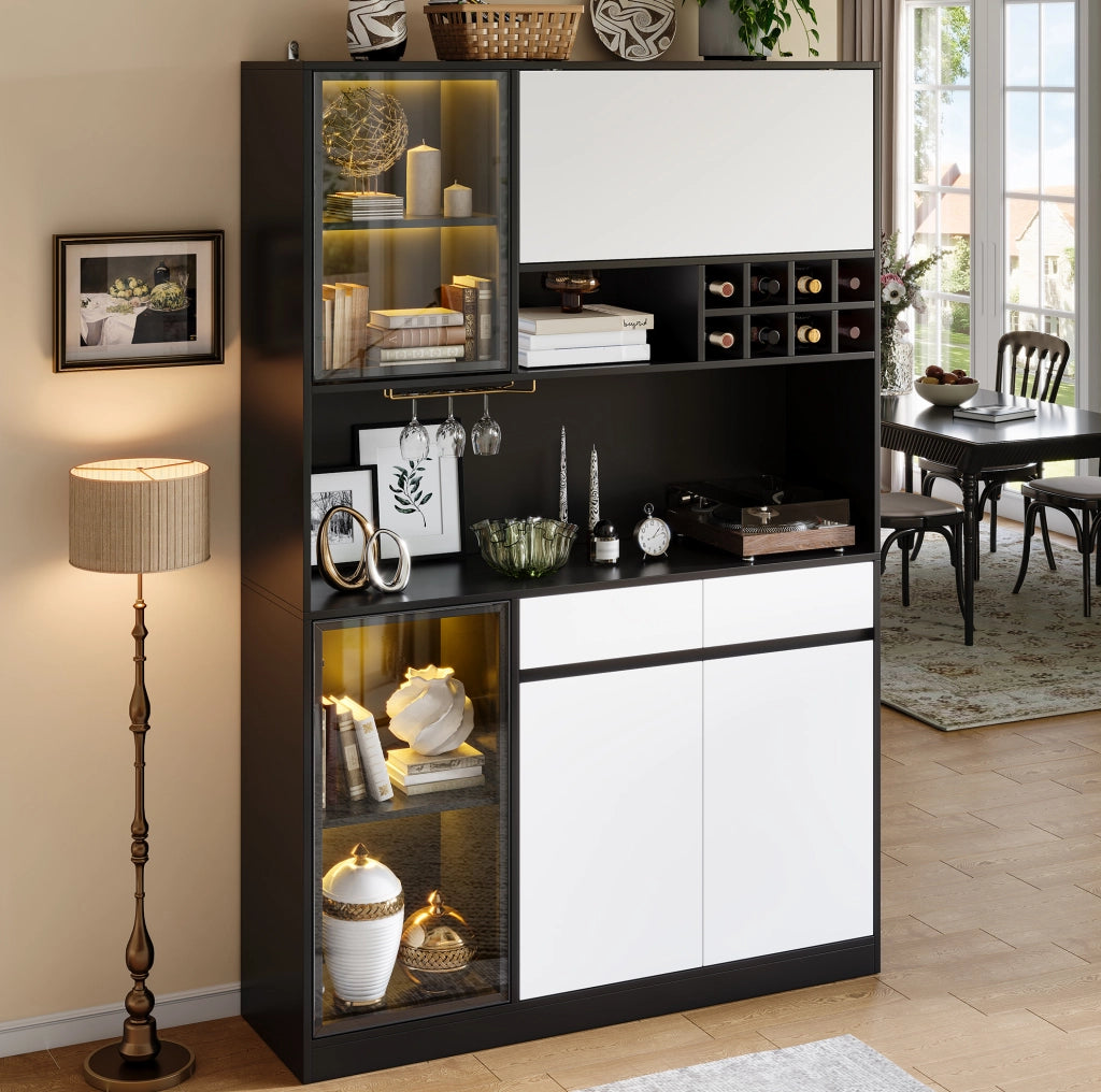 Highboard moderno con LED e vetrine 120x35x180 cm in MDF; nero e bianco