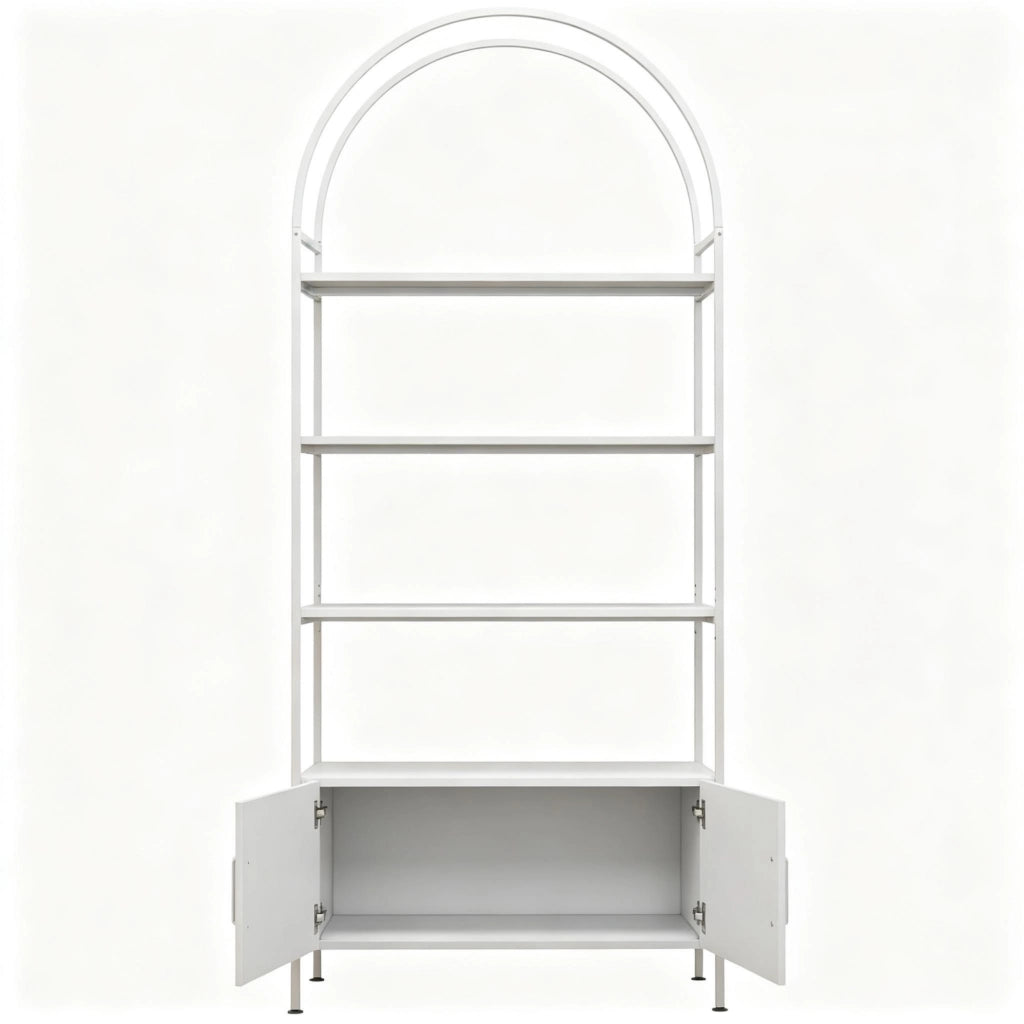 Libreria ad arco a 4 livelli con armadio a doppia porta, scaffale autoportante bianco