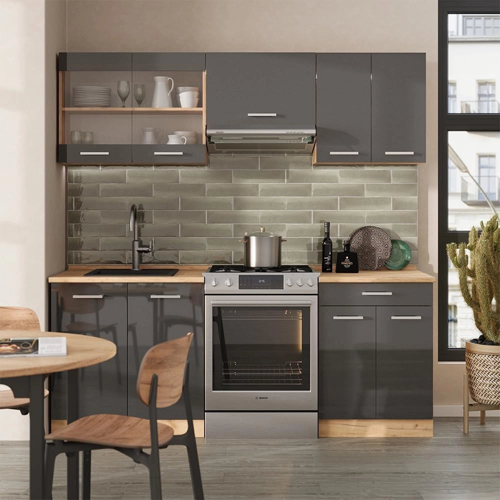Cucina componibile R-Line, Antracite lucido/oro power oak, 200 cm senza piano di lavoro, adatto per l'espansione personalizzata tramite moduli aggiuntivi