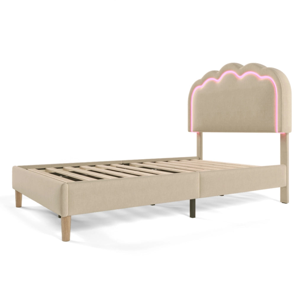 Letto imbottito LED 90x190 cm con testiera regolabile in lino beige