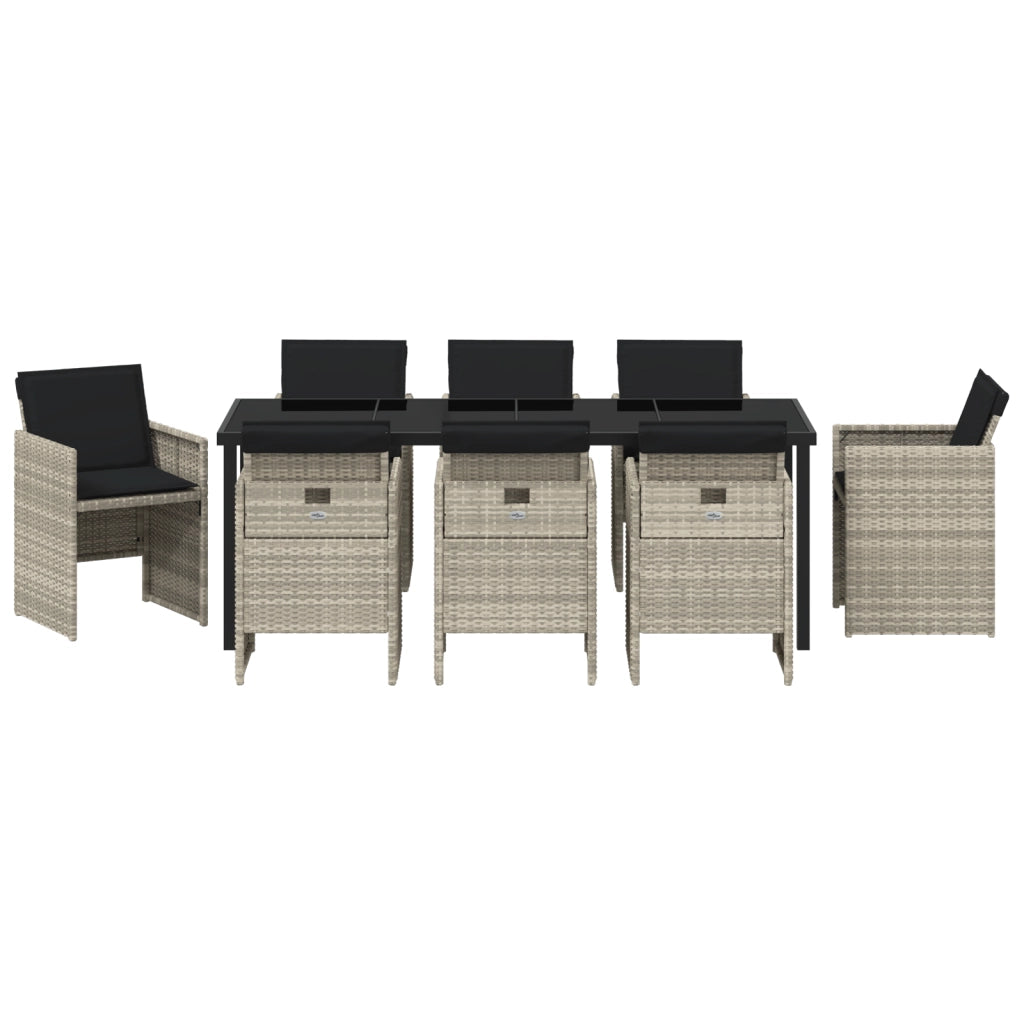 Set da Pranzo Giardino 9 Pezzi con Cuscini Grigio Chiaro Rattan Poliestere