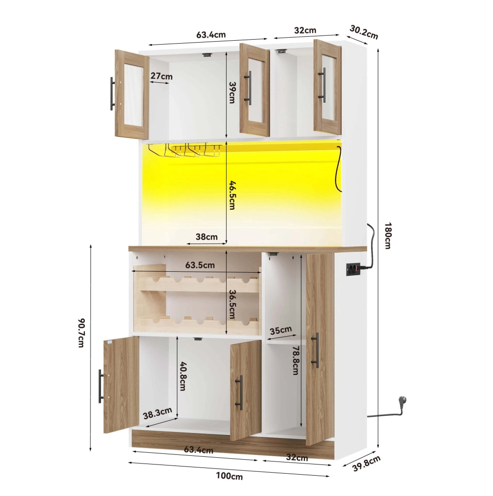 Mobile dispensa 100x40x180 cm con luce RGB; prese integrate e ripiani regolabili in MDF bianco e naturale