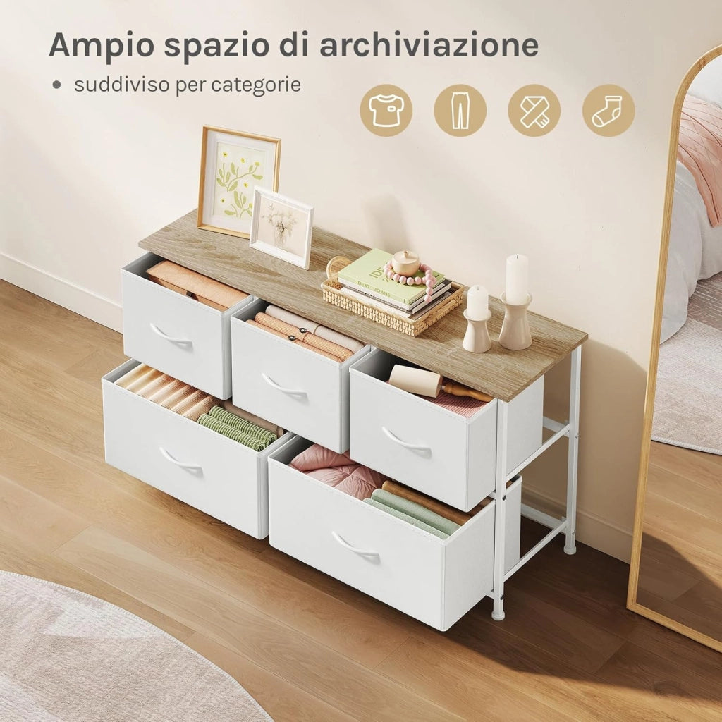 Cassettiera Camera da Letto, Cassettiera con 5 Cassetti a 2 Livelli in Tessuto, Mobile con Cassetti Industriale, Struttura in Metallo e Legno, Bianco, 100x30x54cm, SSK005ws