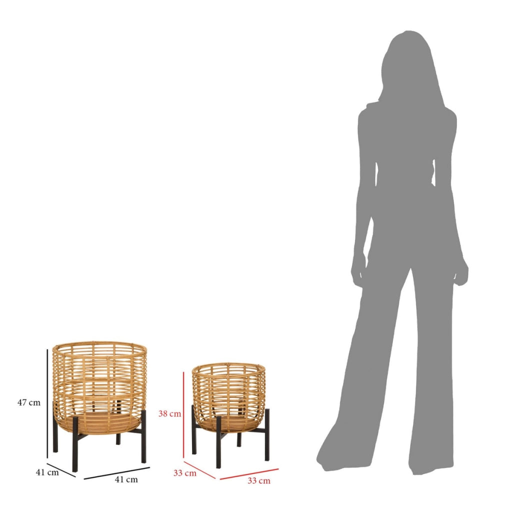Porta-vasi in rattan con struttura in ferro — coppia Ø 41x47 e Ø 33x39 cm