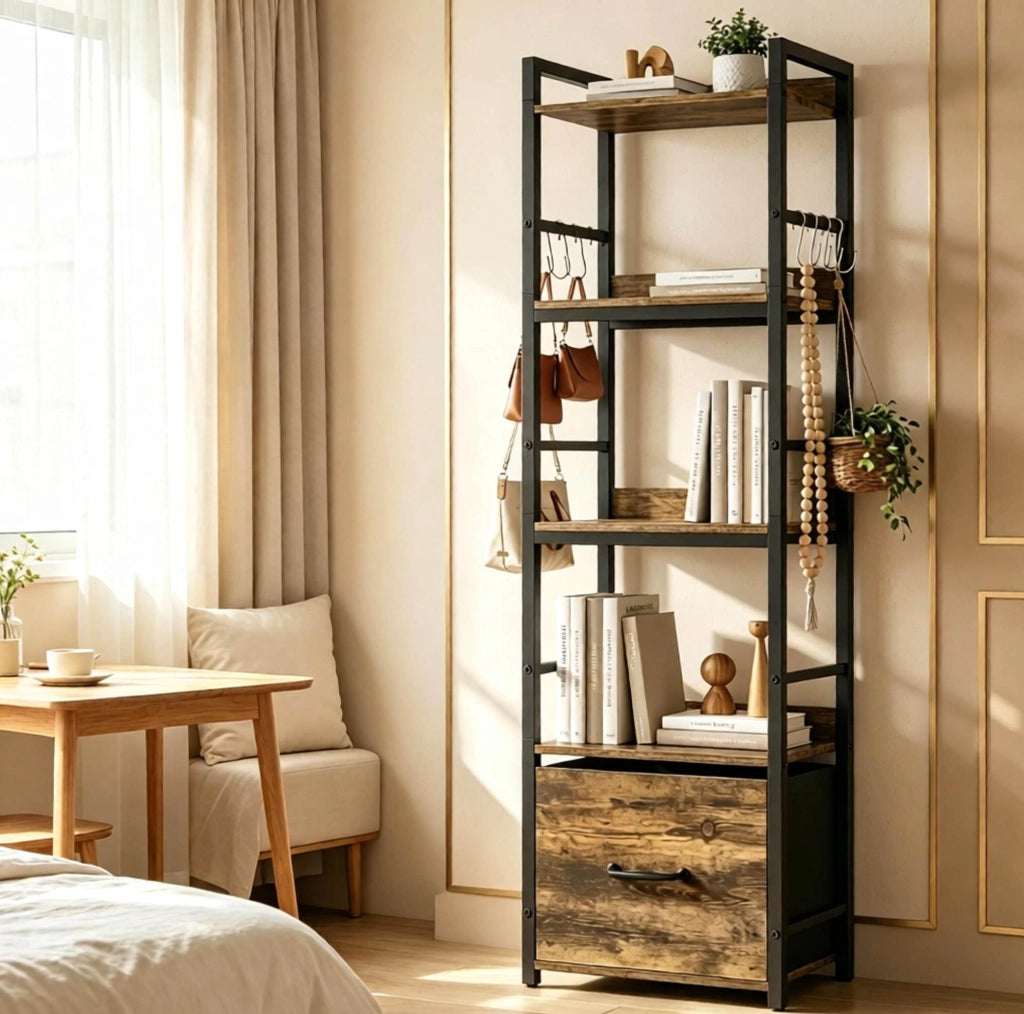 Libreria stretta 4 ripiani con cassetto e 8 ganci, legno rustico