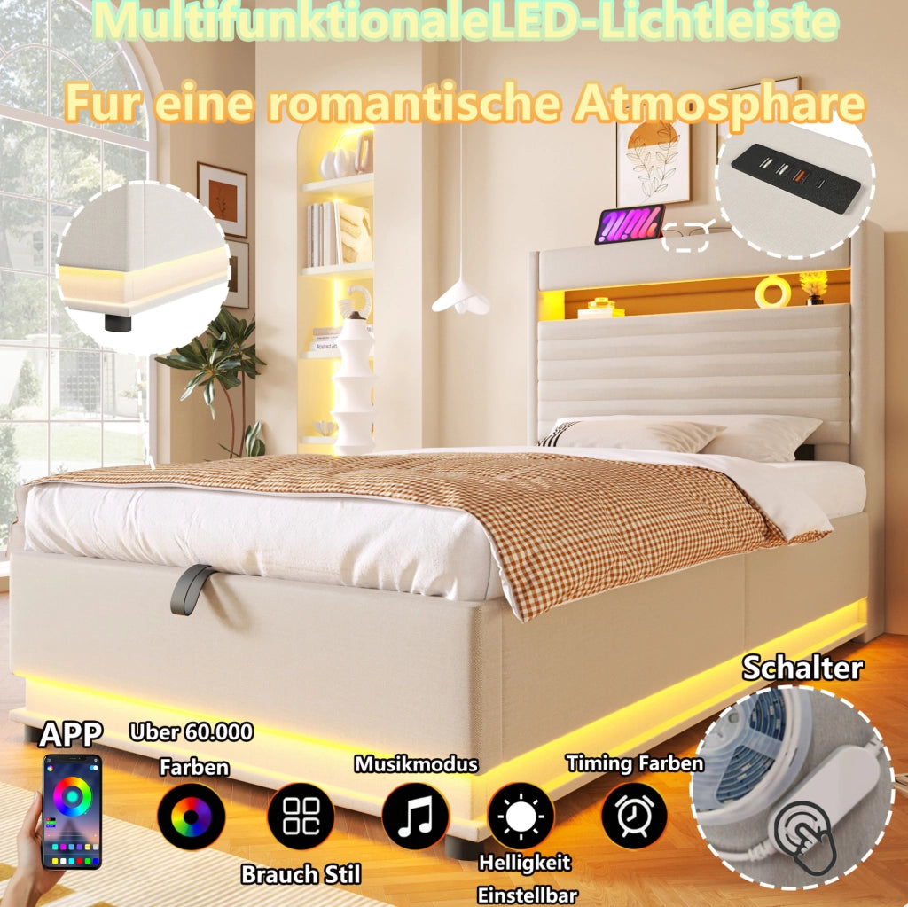 LETTO Contenitore 90x200 cm in lino beige con LED e USB Type-C