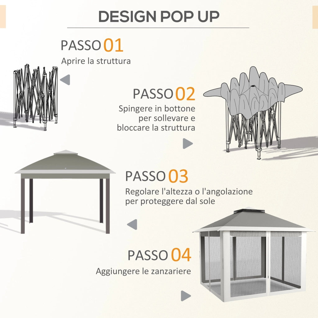 Gazebo da Giardino 330x330x280 cm Altezza Regolabile con Zanzariere in Metallo e Tessuto Oxford Grigio Scuro