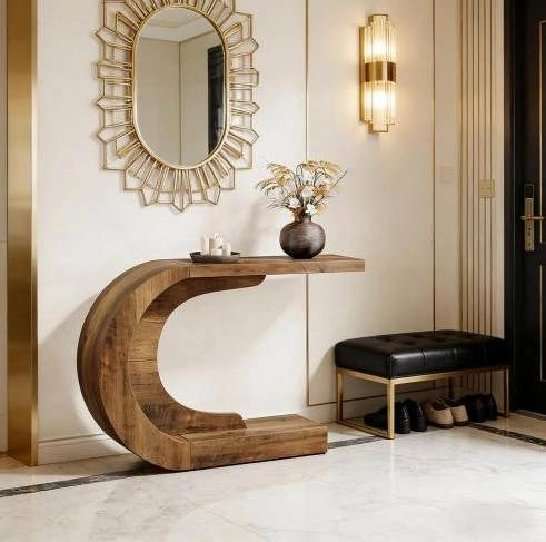 Tavolo consolle a C in legno 110 x 35 x 75 cm marrone rustico