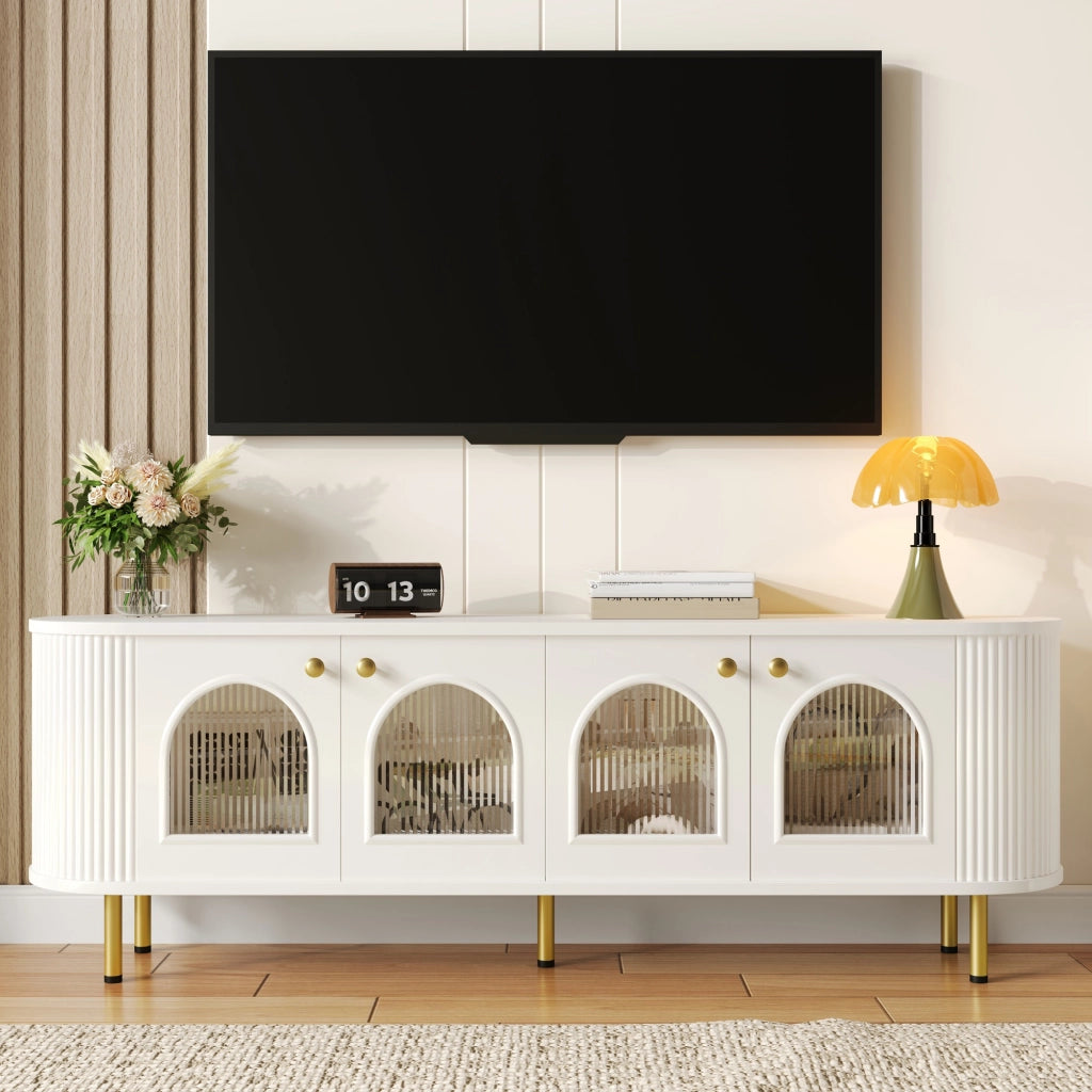 Mobile TV con 4 Ante in Vetro e Passacavi; Maniglie e Gambe Dorate; Stile Elegante; 170??35??55 cm; in MDF; Bianco+Oro
