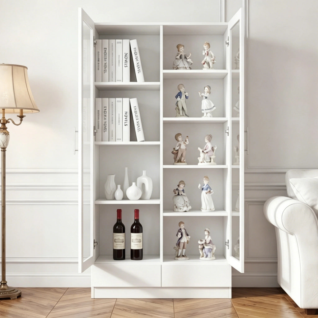 Vetrina con ante in vetro e 2 cassetti, 9 vani e ripiani, per soggiorno e ufficio, bianco, 80 × 40 × 160 cm