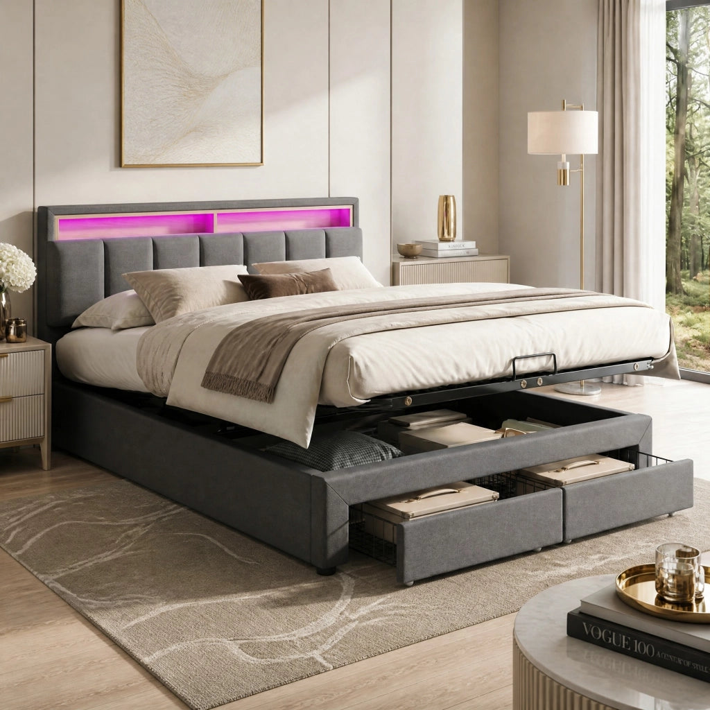LETTO imbottito 180x200 cm in lino grigio scuro con illuminazione LED