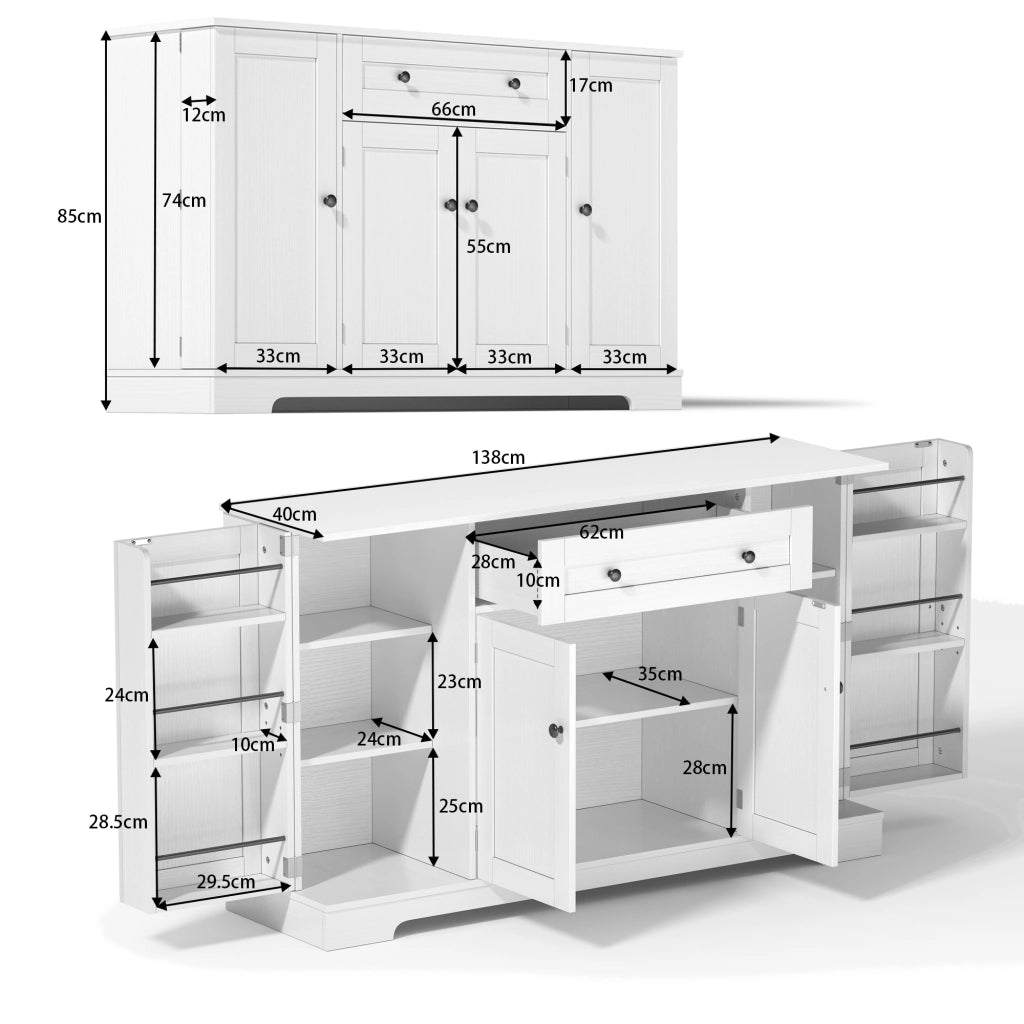 Credenza 138x40x85 cm Bianca con Cassetto; 3 Armadietti; Ripiani Regolabili e Portaoggetti sulle Ante