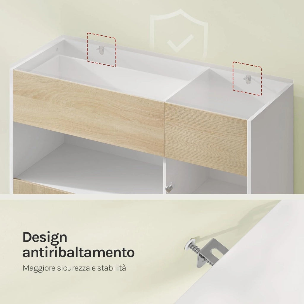Credenza Cucina con Cassetto e Scomparti Aperto e Chiusi, Mobile Buffet con 1 Anta Trasparente, per Soggiorno, Cucina, in Legno, 100x40x80 cm, Rovere Chiaro+Bianco