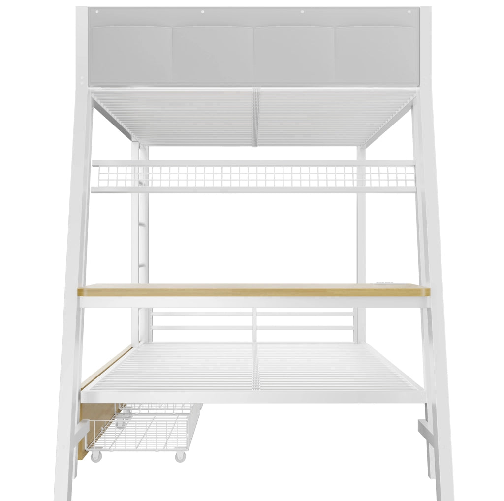 Letto a castello 90x200 cm bianco in metallo; scrivania con prese USB e Type-C