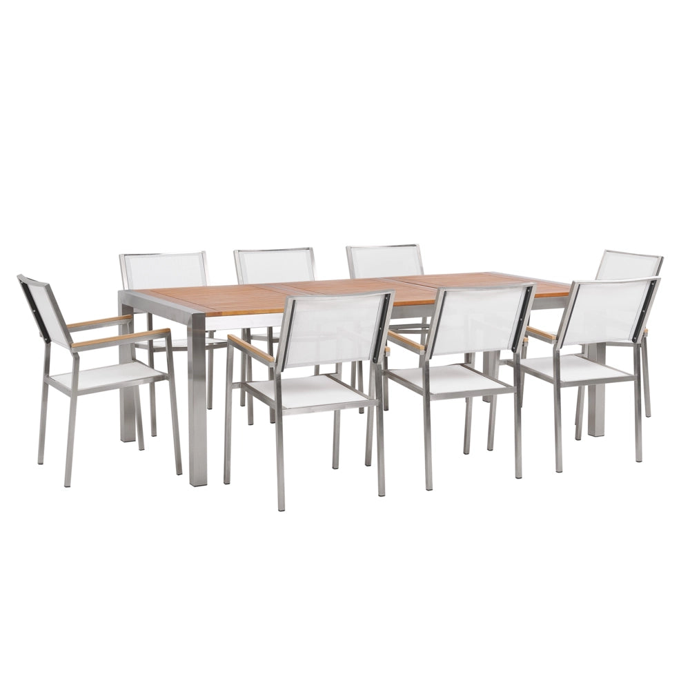 Set da pranzo da giardino con piano in legno di eucalipto chiaro e struttura in acciaio 220 x 100 cm con 8 sedie bianche