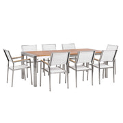 Set da pranzo da giardino con piano in legno di eucalipto chiaro e struttura in acciaio 220 x 100 cm con 8 sedie bianche