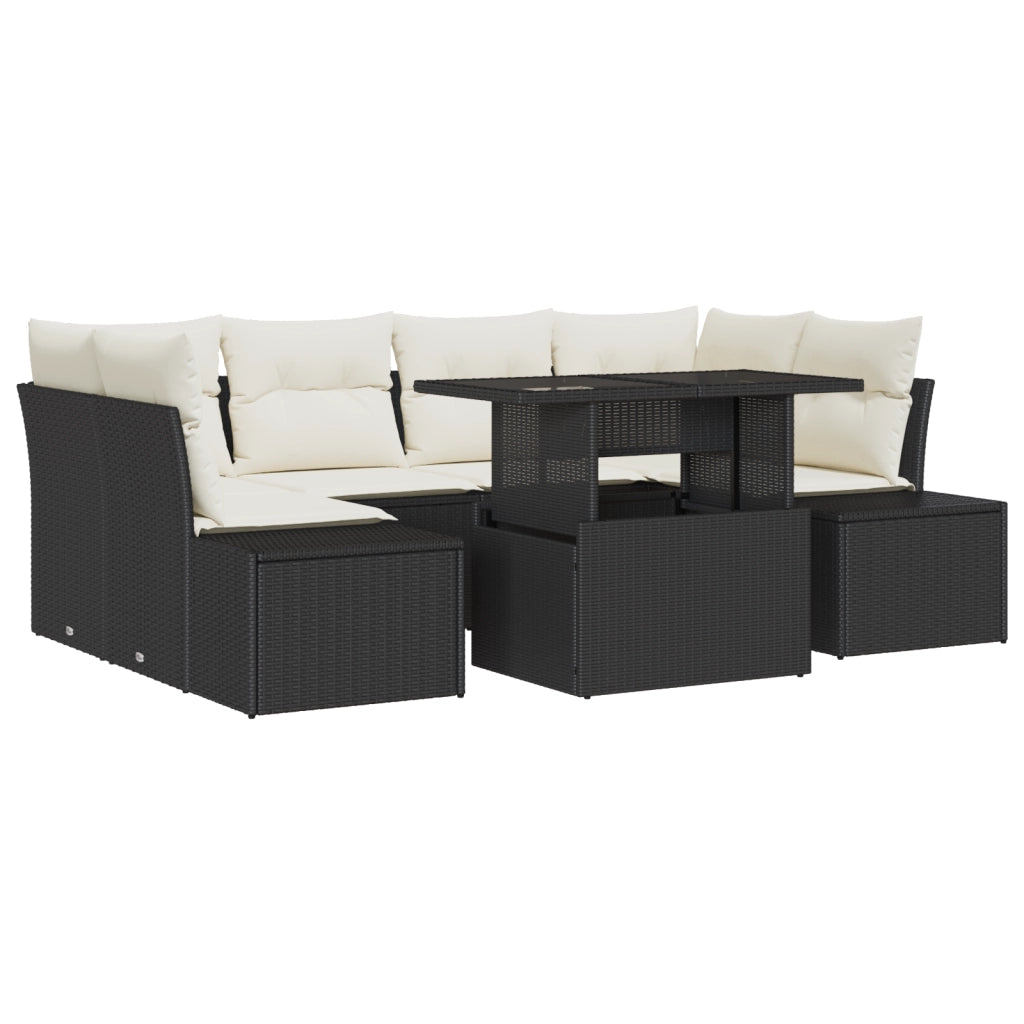 Set divano da giardino 7 pezzi con cuscini in polirattan nero