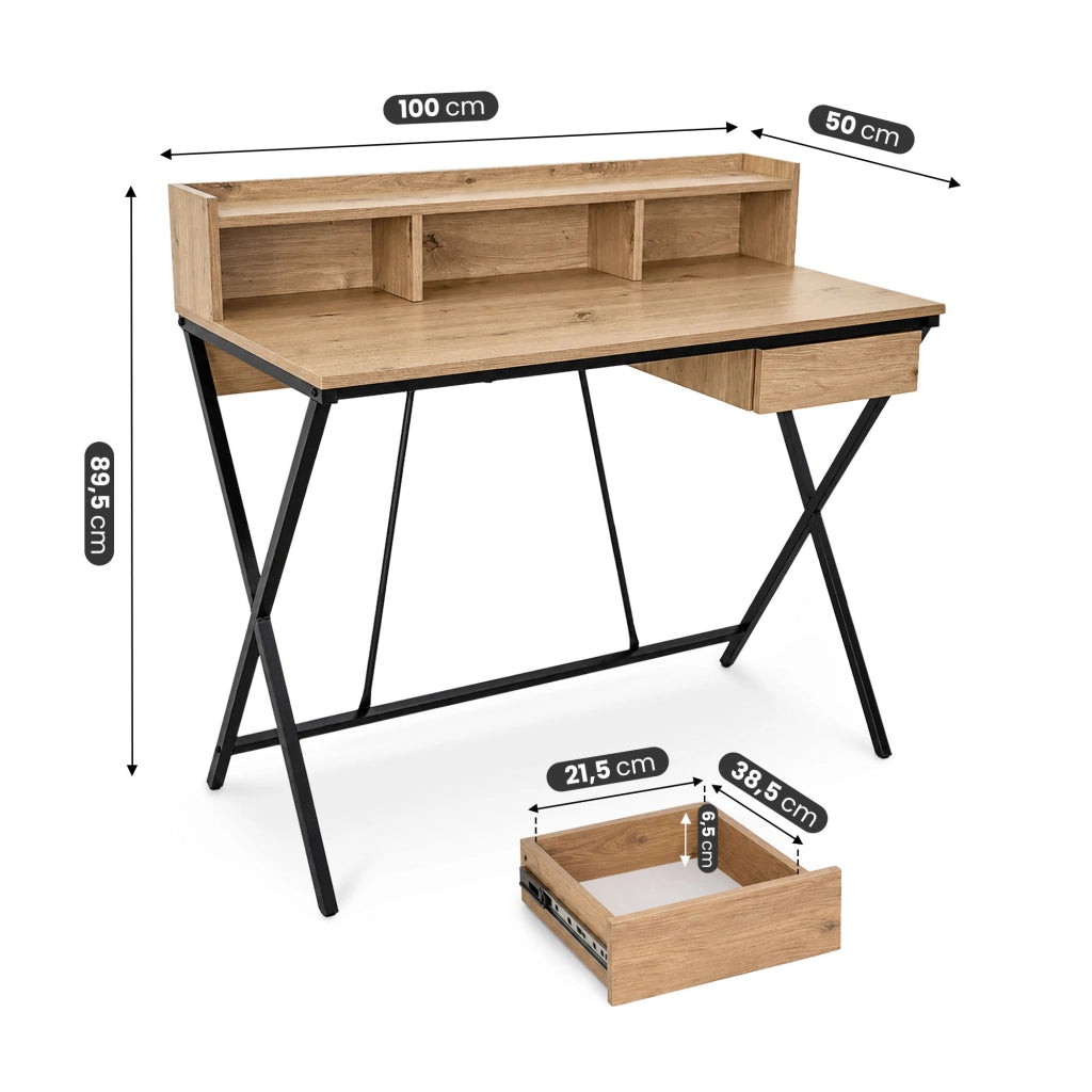 Scrivania PC industriale Rovere Artisan FLEXO 100 cm 1 cassetto 1 ripiano gambe nere