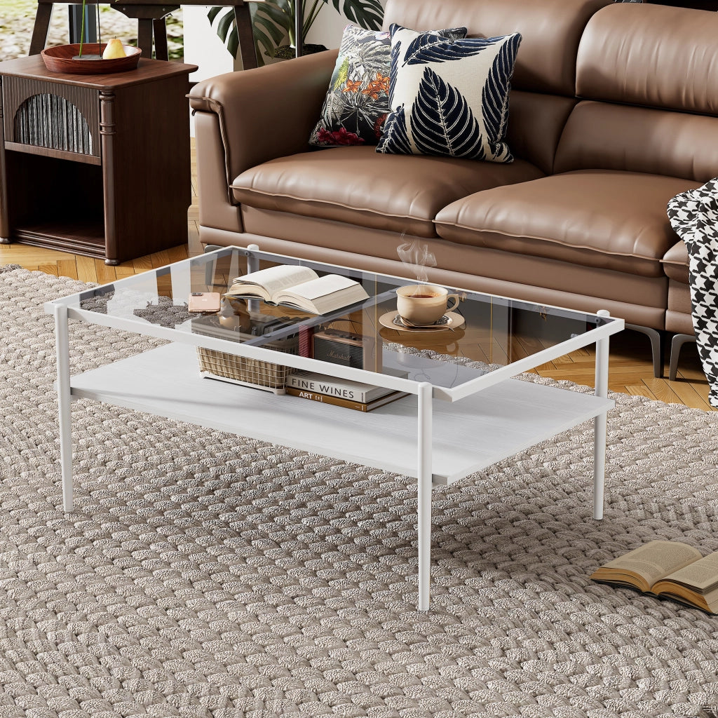 Tavolino da caffè con piano in vetro temperato e vano contenitore - per soggiorno - in MDF e vetro - 97.5×61.5×45 cm - grigio e bianco