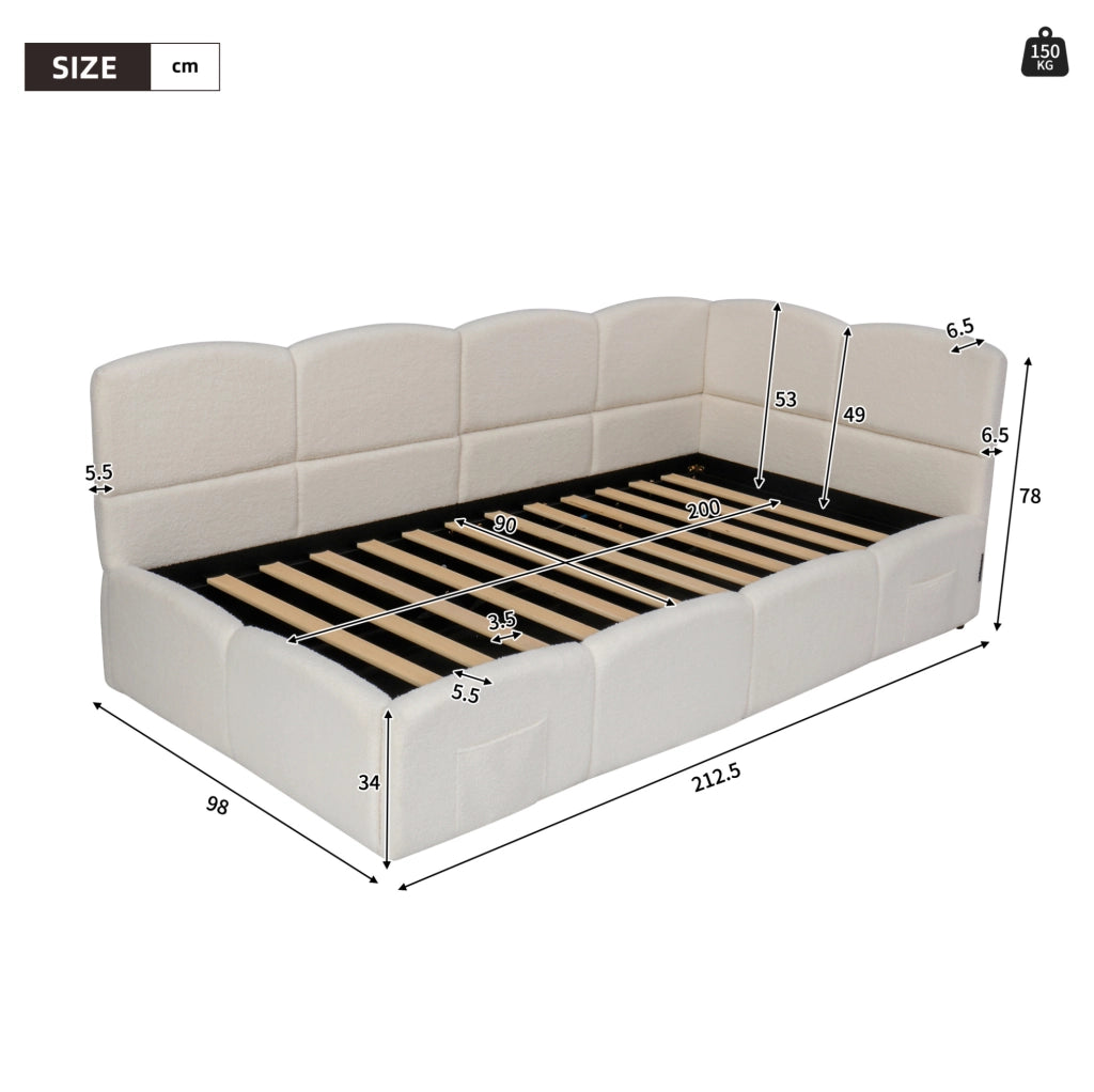Letto singolo con contenitore 90x200 cm in bouclé beige; USB-A/USB-C e tasche laterali