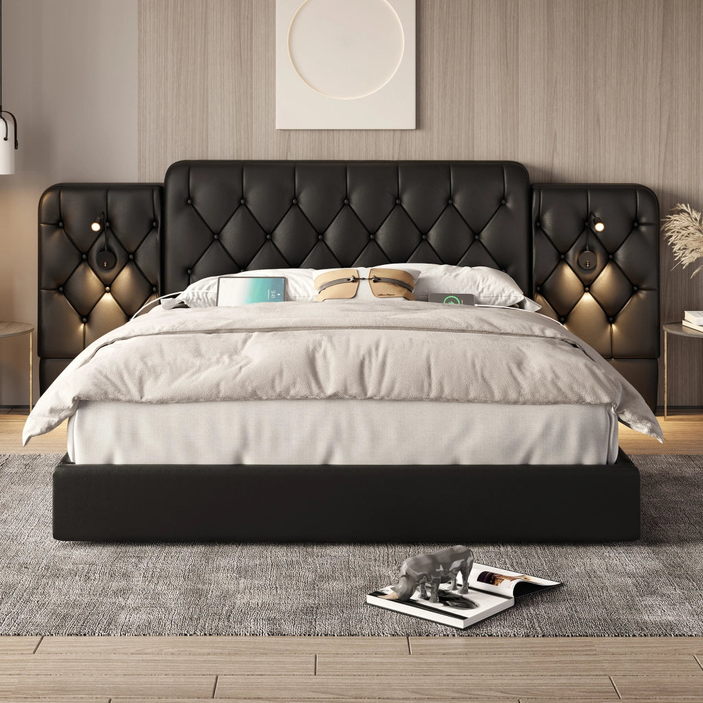 LETTO con testiera allungata 160x200 cm PU nero con luci da lettura e USB