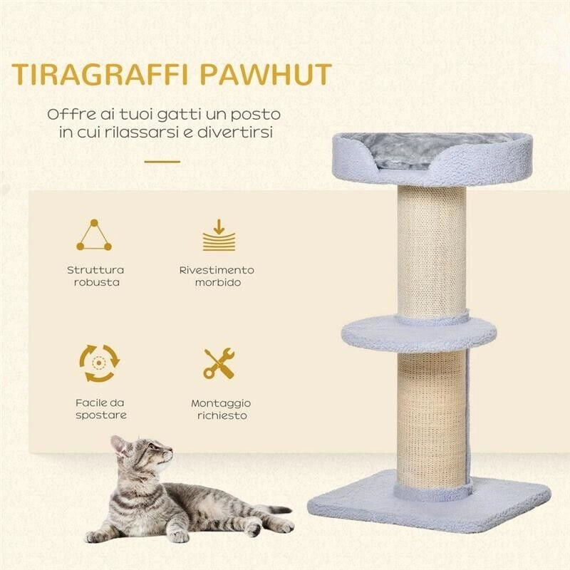 TIRAGRAFFI PER GATTI CON LETTINO, RIVESTIMENTO PELUCHE E PALO IN SISAL, 45X45X91CM, AZZURRO