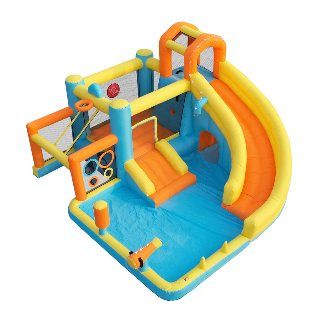 Castello gonfiabile con scivolo, piscina, campo da calcio e canestro in tessuto oxford colorato 360 × 320 × 200 cm