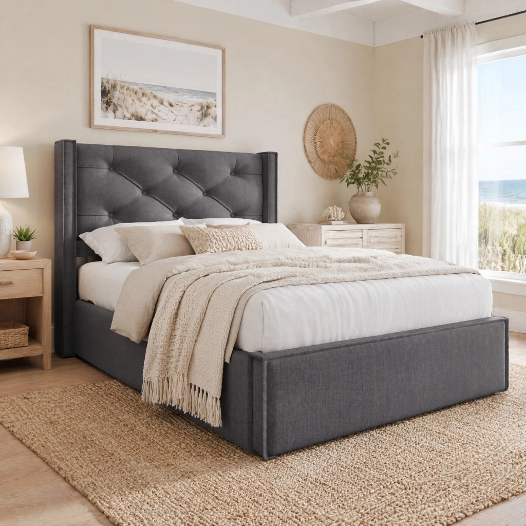 Letto imbottito 90x200 cm con contenitore, rete a doghe in legno di pino, grigio