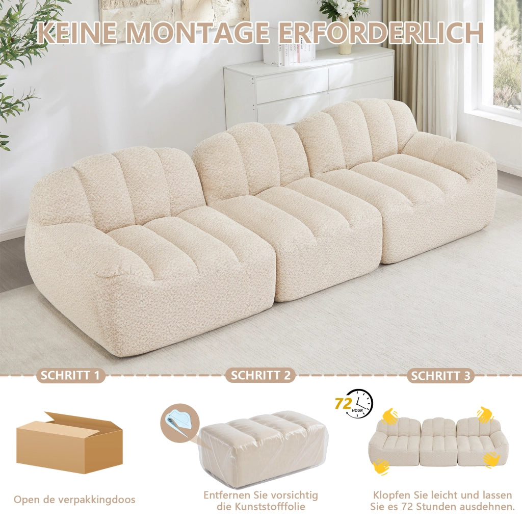 Divano modulare senza struttura con schiuma 32D e pouf in pile granulato beige bianco 288 × 104 × 79 cm