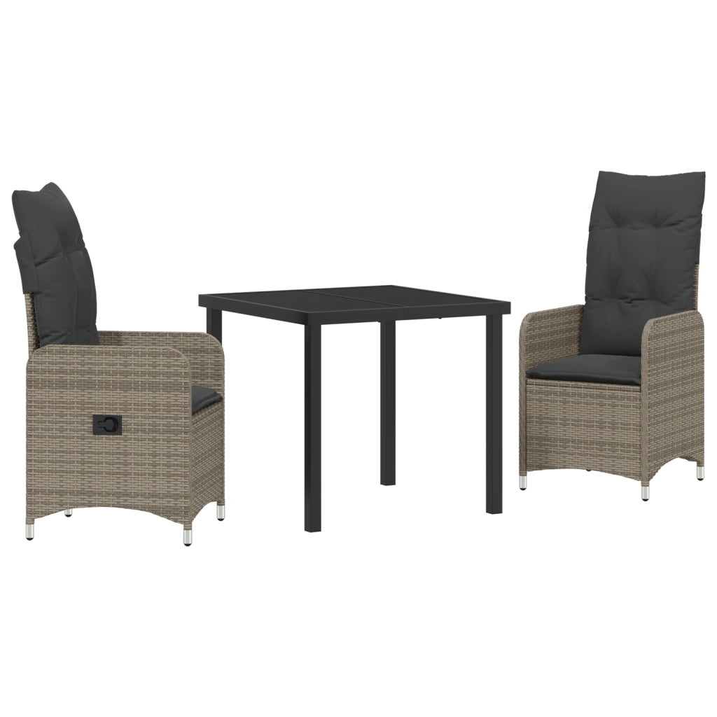 Set da pranzo da giardino di 3 pezzi con cuscini in polyrattan grigio