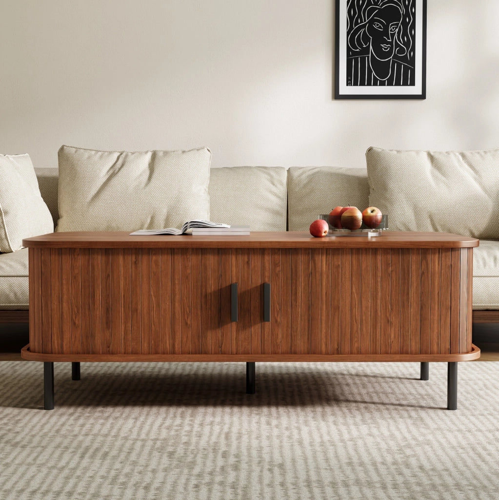 Tavolino da salotto 120x55x45 cm con ante scorrevoli; vano contenitore; MDF e pannello truciolare; noce
