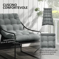 Poltrona da Giardino con Cuscino Imbottito, in Acciaio e Poliestere, 62x110x88 cm, Grigia e Nera