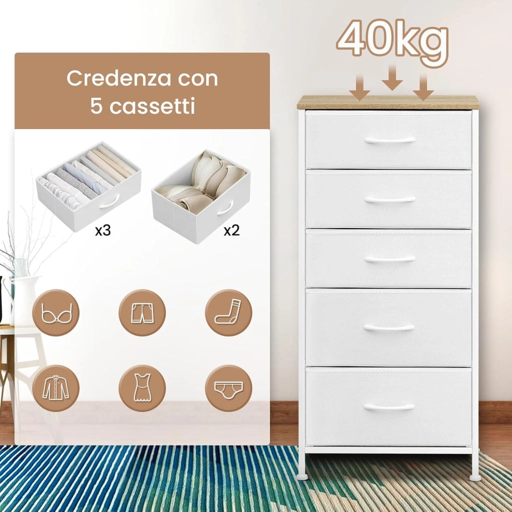 Cassettiera Camera da Letto in Tessuto, Cassettiera a 5 Cassetti, Mobile con Cassetti per Corridoio, Cameretta, Soggiorno, Bianco Nuvola + Beige Rovere