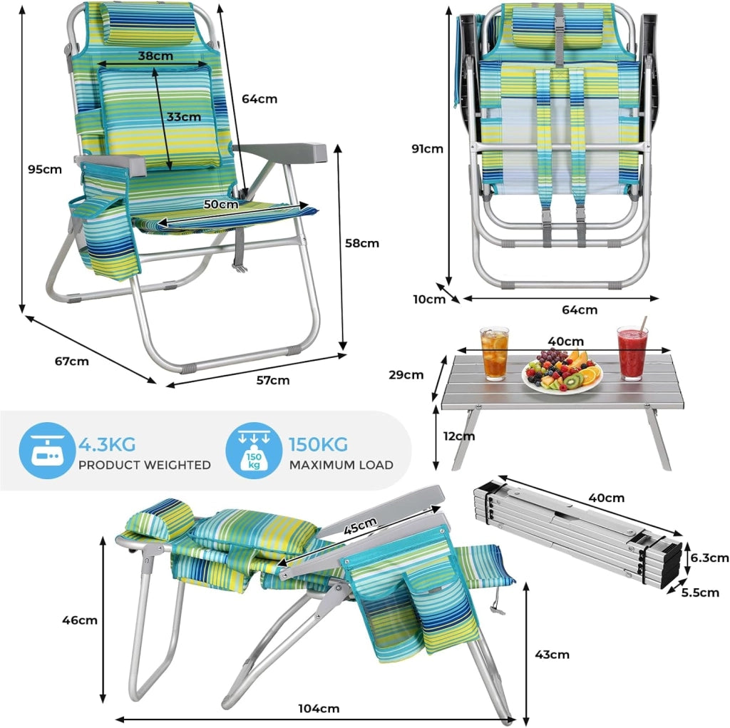 Sedia da Spiaggia Pieghevole in Lega di Alluminio, Leggera, Set da 2 Sedie con 1 Tavolo, Sedia Pieghevole Portatile a Zaino, Sedia da Campeggio, Reclinabile, Capacità di Carico fino a 150 kg
