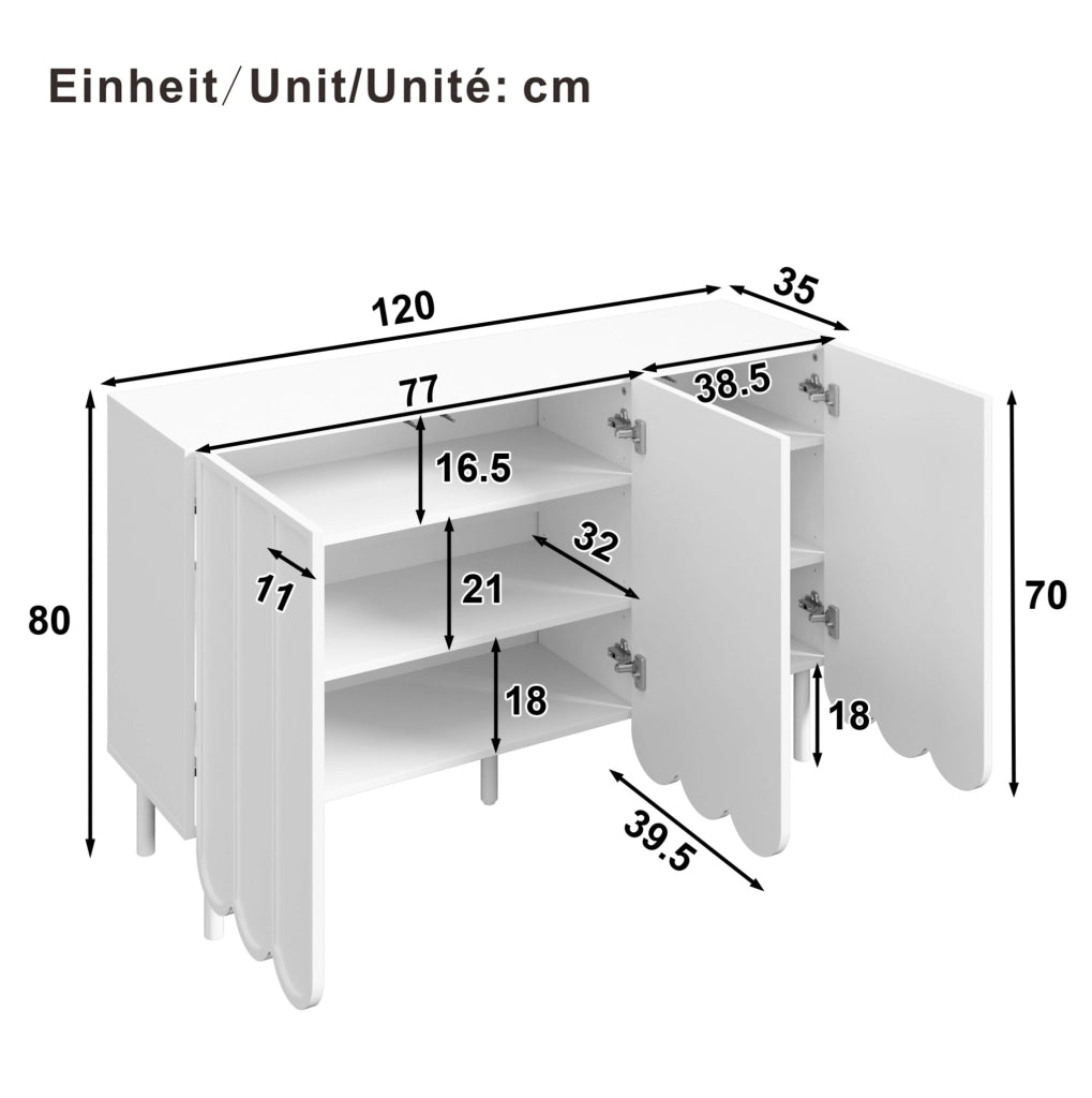 Credenza bianca con ante ondulate e ripiani regolabili 120x35x80 cm