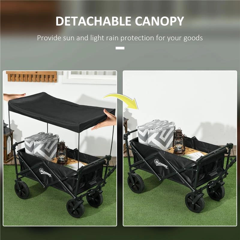 CARRELLO DA GIARDINO 110L CON MANIGLIA TELESCOPICA E TETTUCCIO IN ACCIAIO E TESSUTO OXFORD, NERO