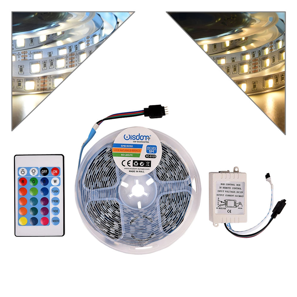 STRISCIA 120 LED/M LUCE NATURALE E FREDDA 12V DA 5 METRI - IP2O PER USO INTERNO FLESSIBILE E TAGLIABILE AD ALTA LUMINOSITA'