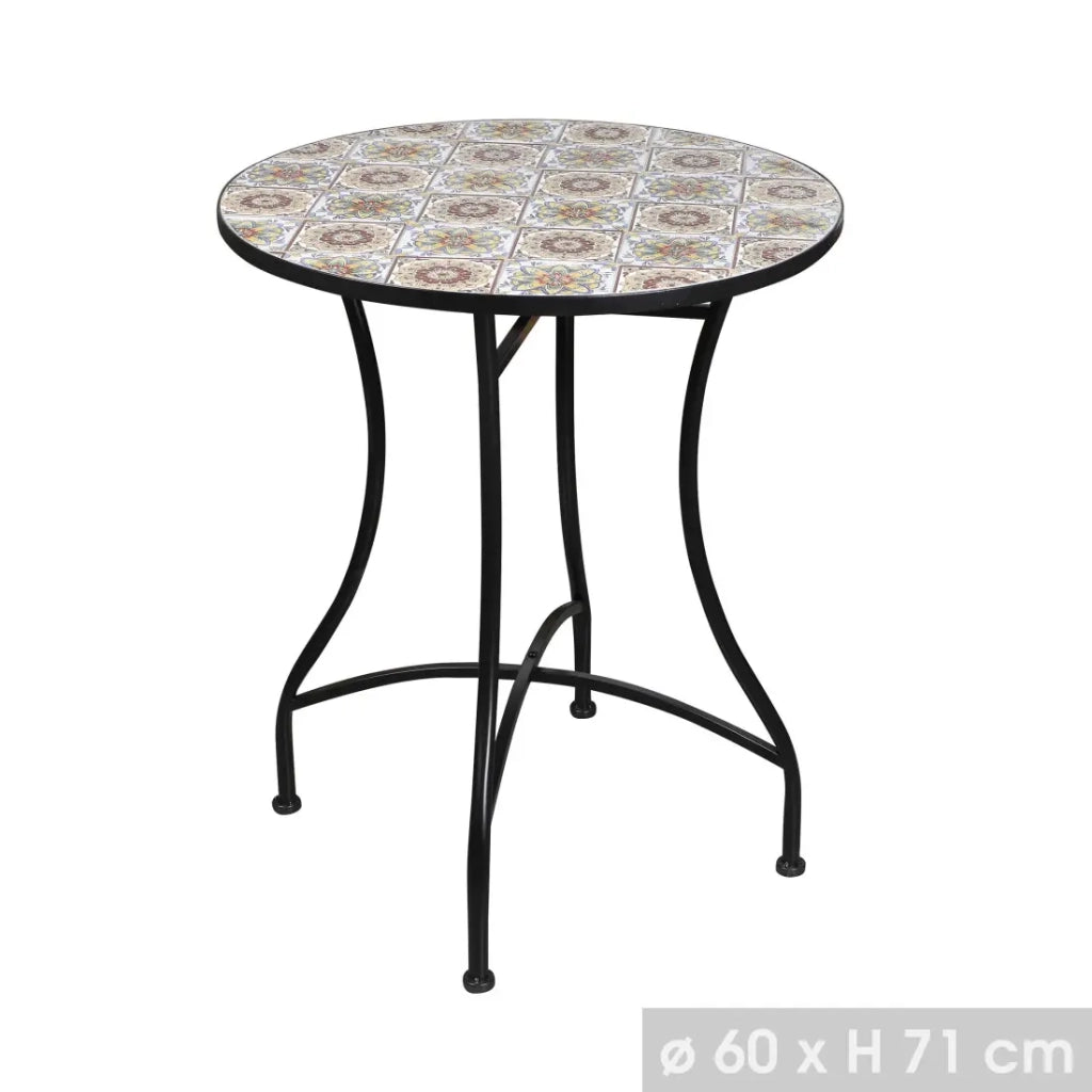 Tavolo da giardino rotondo bistrot collezione PORTO – Mosaico decorativo – Metallo nero – Ø60xH71 cm