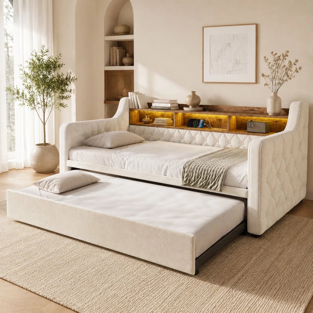 LETTO Divano letto estraibile 90x190 cm in velluto beige con LED e USB