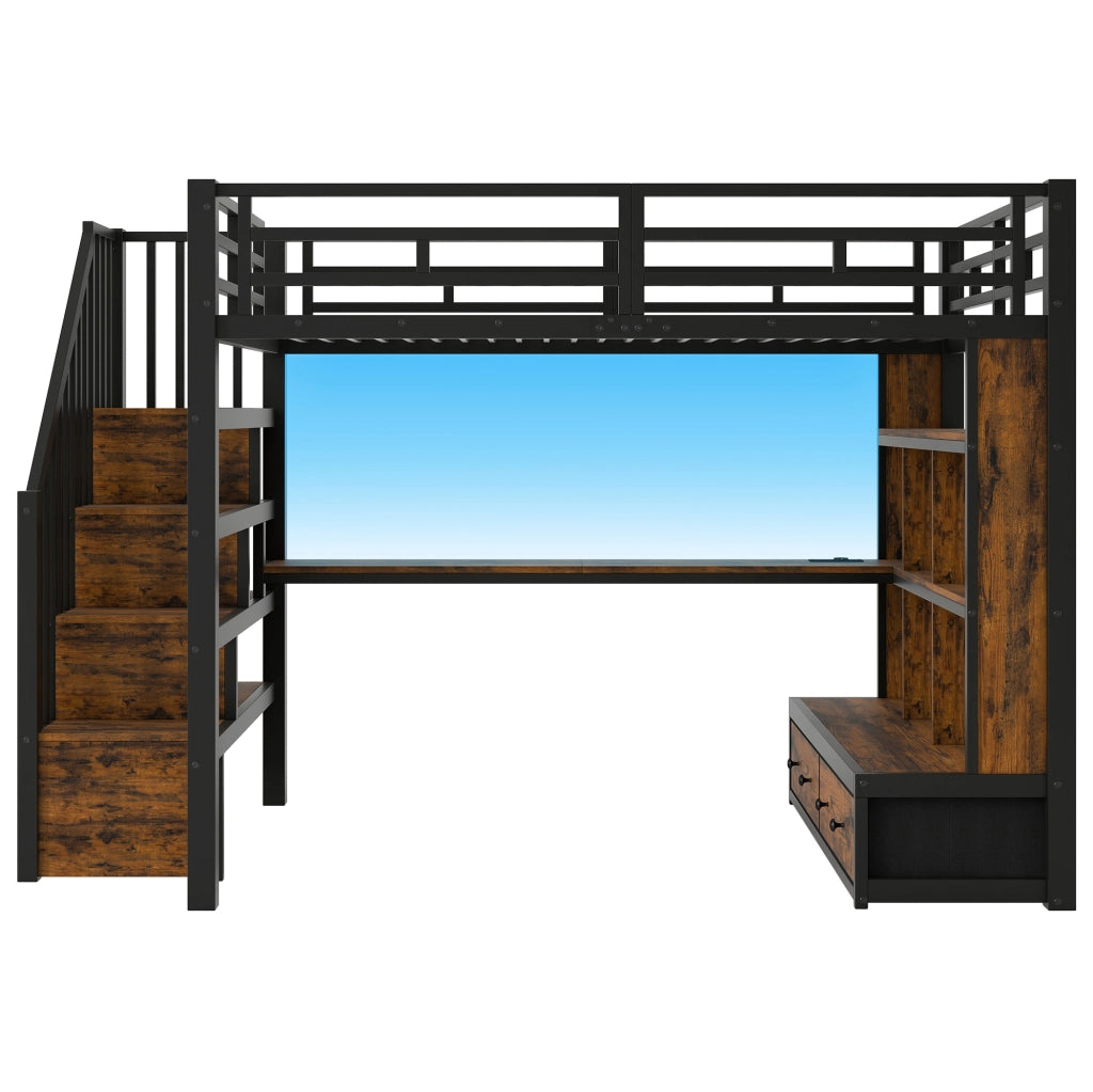 Letto a soppalco 140x200 cm con scrivania; libreria; cassetti e LED; nero in MDF e metallo