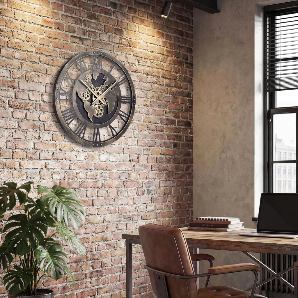 Grande Orologio da Parete 68 cm, Orologio a Ingranaggi con Mappa del Mondo, Orologio in Metallo Decorativo Silenzioso con Ingranaggi Mobili, per Soggiorno Camera da Letto Cucina