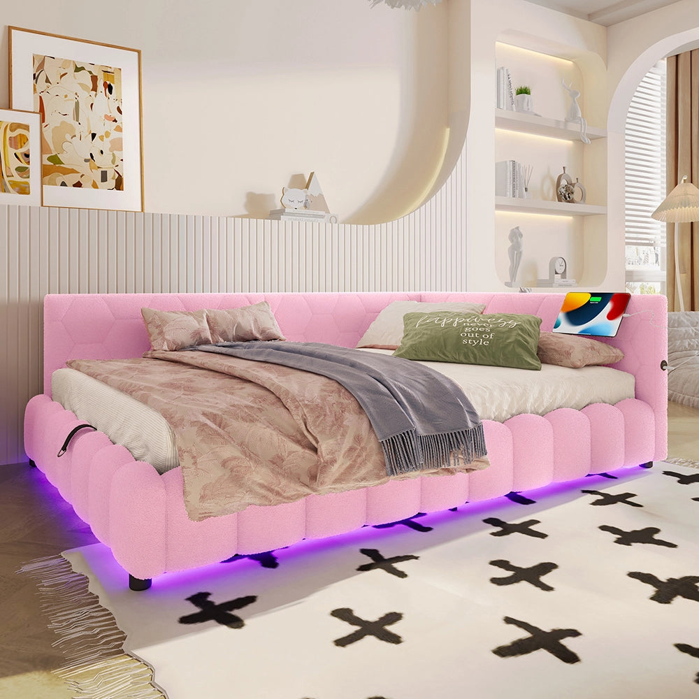 Letto giorno 140x200cm - Xylo - rosa, meccanismo idraulico, USB-C