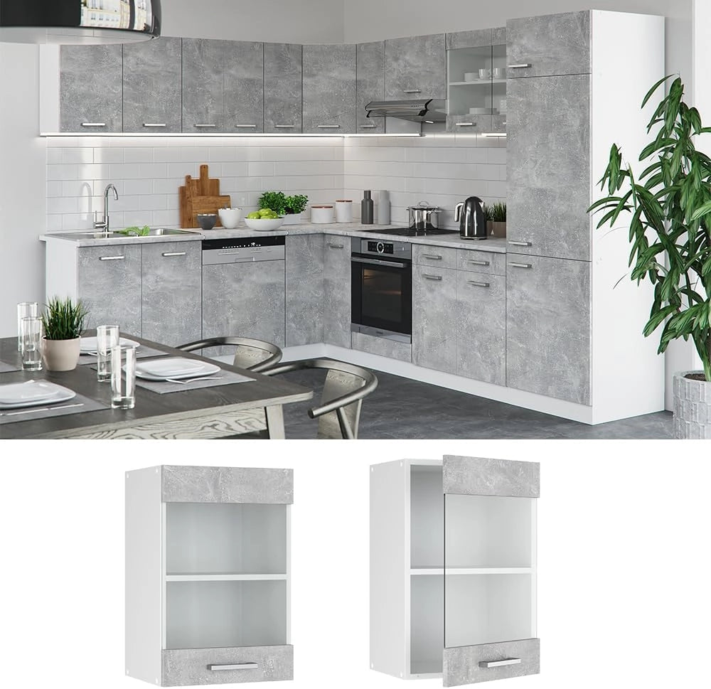Mobile da cucina in vetro R-Line, Calcestruzzo, 40 cm, per la libera combinazione all'interno di sistemi cucina modulari