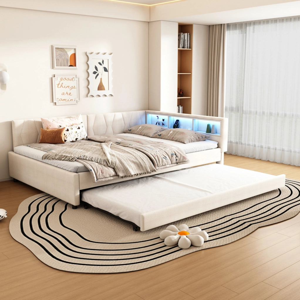 Letto 140x200 cm con LED; USB e vani portaoggetti in lino beige