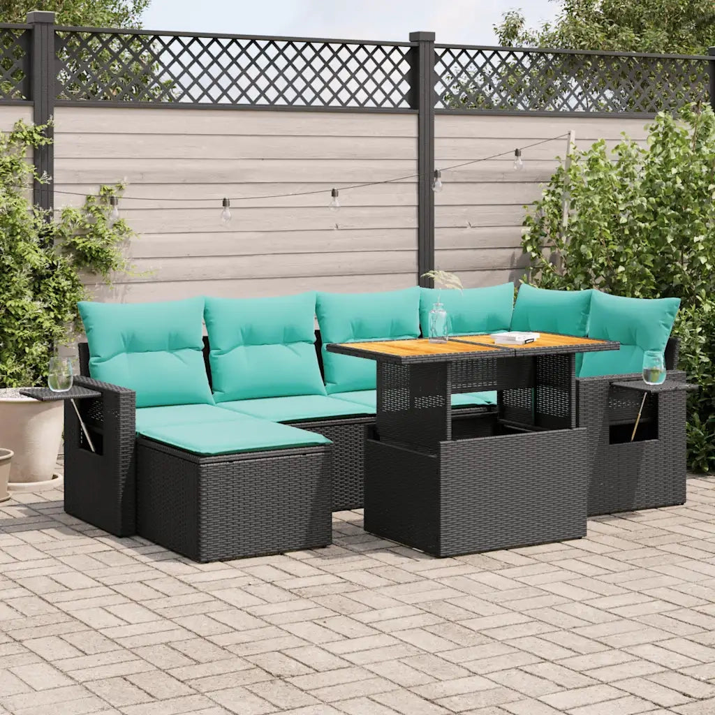 Set Divani da Giardino con Cuscini 7pz Nero Polyrattan