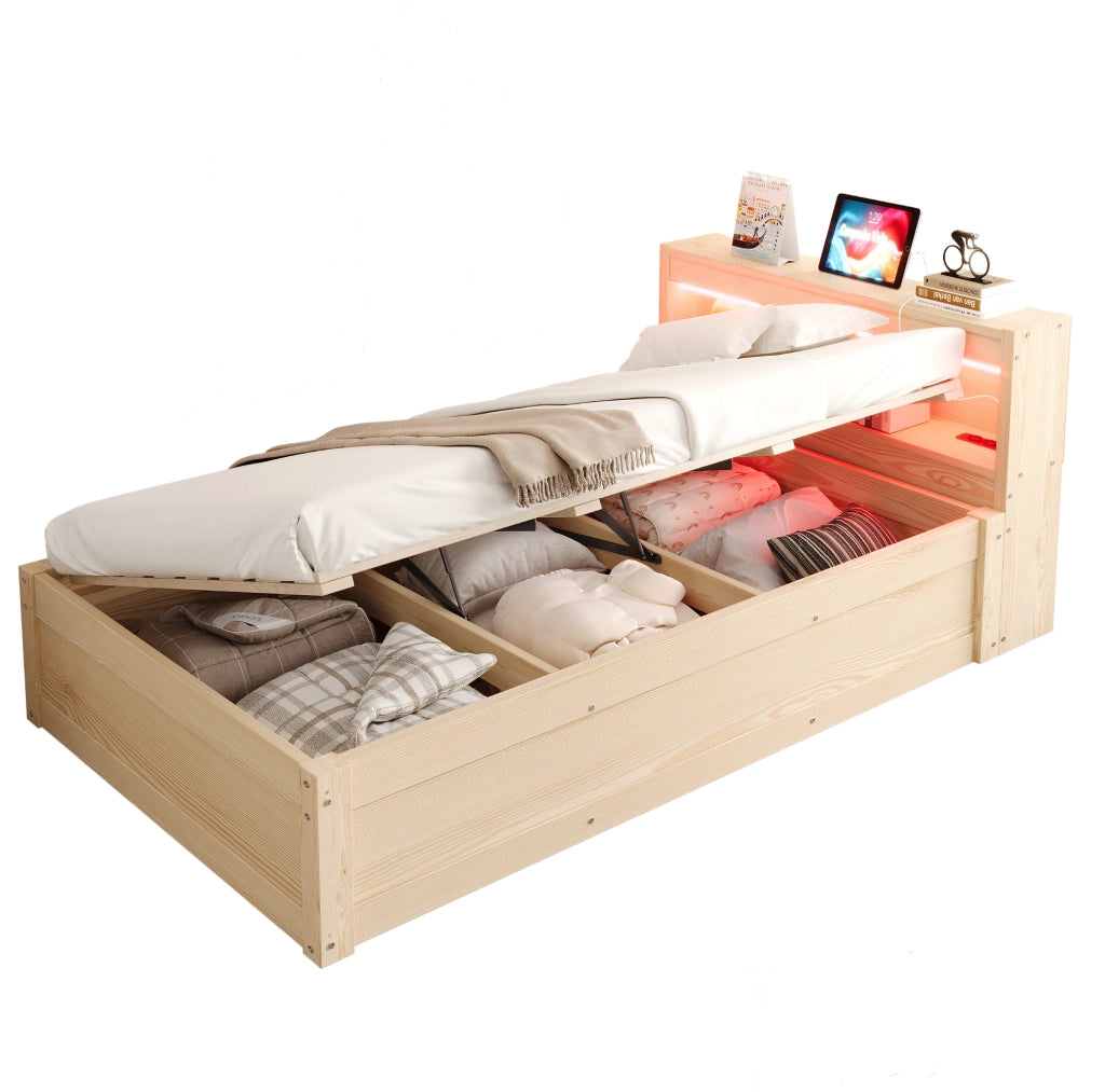 Letto singolo multifunzionale 90x200 cm con LED, presa integrata e vano contenitore