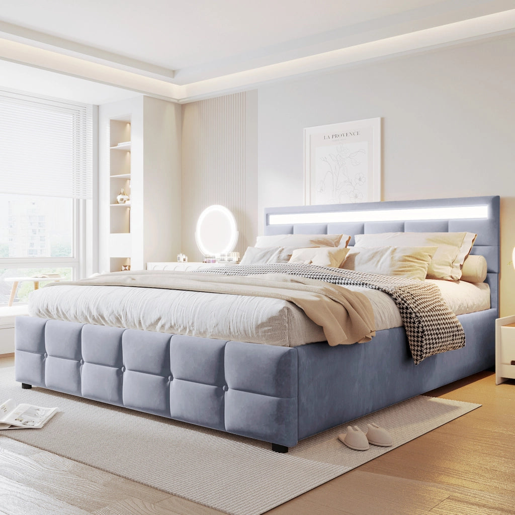 LETTO Imbottito 180x200 cm con LED, Sollevamento Idraulico, Velluto Grigio