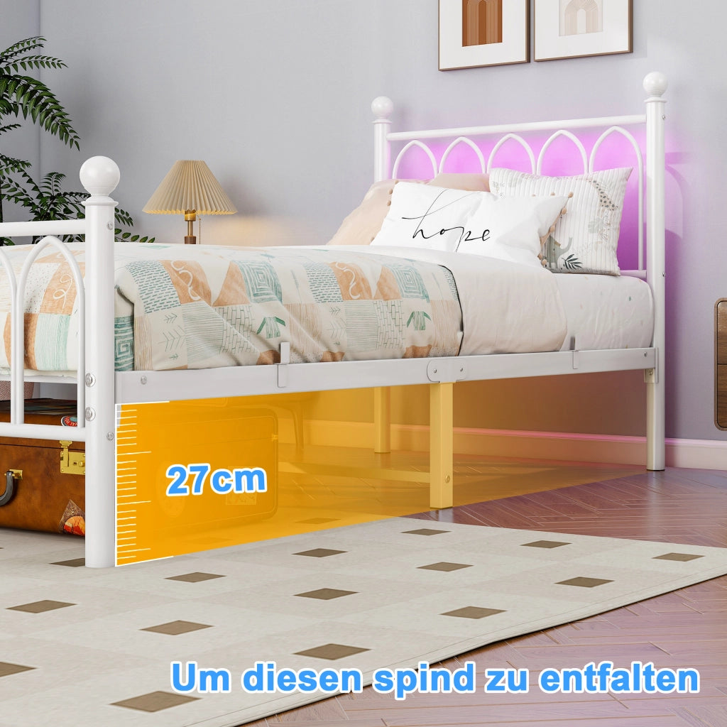 Letto singolo 90 × 200 cm con LED, 2 USB e presa, testiera alta, contenitore sotto letto, senza materasso, bianco