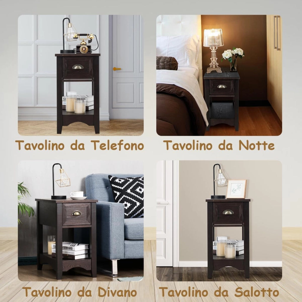 Tavolino da Salotto in Legno Massello, Comodino con 1 Cassetto e 1 Ripiano, Tavolino Basso da Soggiorno e Camera da Letto (56 x 33 x 58,5 cm, Caffè, 1)